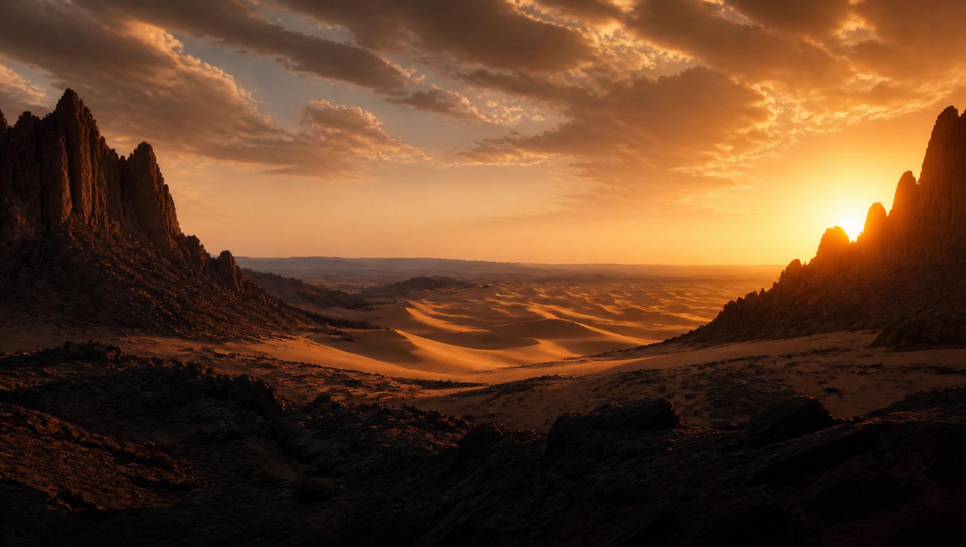 Sahara desert at golden hour, twin rock massifs framing dune ridges